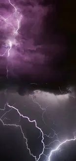 Dramatic purple lightning storm mobile wallpaper with dark clouds.