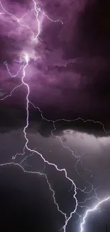 Purple lightning flashes against a dark stormy sky, creating a dramatic visual.