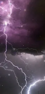 Dynamic purple lightning strikes a dark night sky.