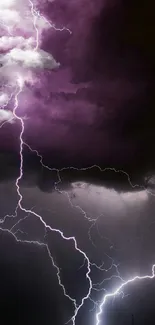 Purple lightning bolt piercing stormy night sky.