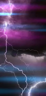 Purple lightning strikes the dark stormy sky in a dramatic night scene.