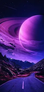 Purple planet landscape with road under night sky.