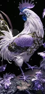 Elegant purple rooster art on dark background with detailed feathers.