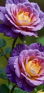 Purple roses with water droplets, close-up view.