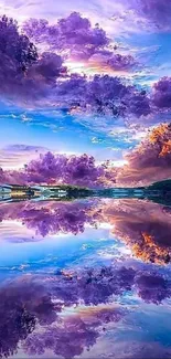 Stunning purple clouds reflecting on a serene lake.