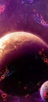 Purple space wallpaper with planets and cosmic background.