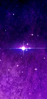 Vibrant purple wallpaper with glowing starburst and starry background.