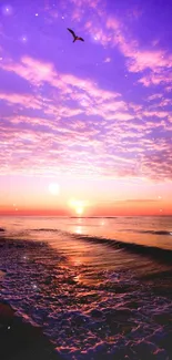 Purple sunset at the beach with waves and a bird in the sky.