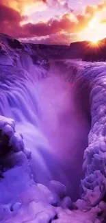 Stunning purple sunset over an icy waterfall glowing with vibrant colors.