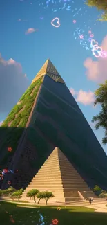 Pyramid amidst green scenery under a blue sky, capturing nature and architecture.