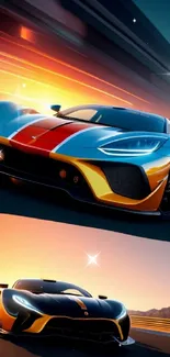 Sleek racing car on track at sunset, showcasing speed and vibrant colors.