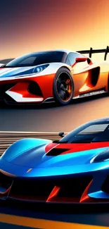 Two sleek racing cars on a sunset-lit track, showcasing dynamic vibrant colors.