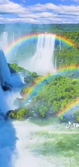 Waterfalls with multiple rainbows over lush green landscape.