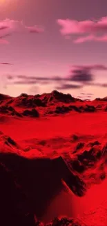 Breathtaking red alien landscape with celestial sunset and surreal mountains.