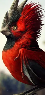 Close-up of a vibrant red bird with striking feathers perched outdoors.