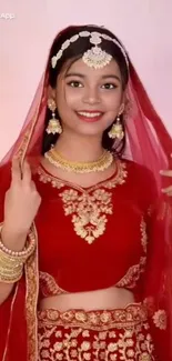 Woman in red bridal attire with jewelry