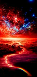 Red cosmic landscape with galaxy and vibrant light.