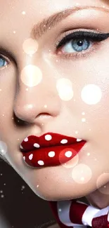 Close-up of a face with red lips and blue eyes, polka dot theme.