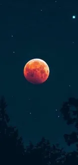 Red moon against a starry night sky with tree silhouettes.