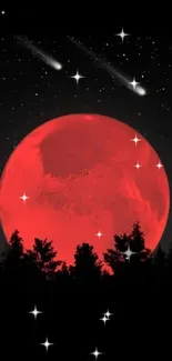 Red moon in starry night sky with dark forest silhouette.