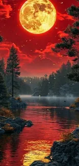 A full moon reflects over a red-hued lake and forest landscape.