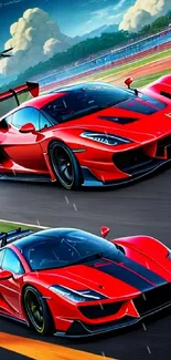 Dynamic red racecar wallpaper with sleek sports cars on track.