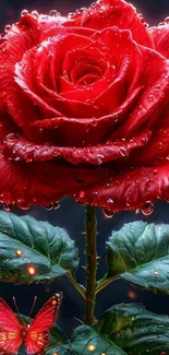 Red rose with dew next to a butterfly.