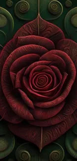 Artistic dark red rose on green background.