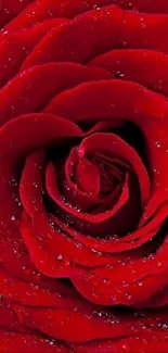 Close-up of a red rose with dewdrops on petals.