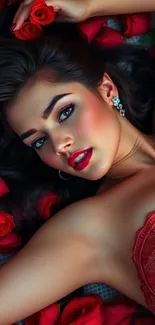 Woman with red roses portrait wallpaper.