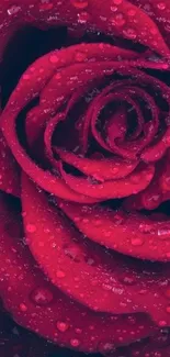 Close-up of a red rose with glistening water droplets on petals.