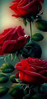 Vibrant mobile wallpaper featuring red roses with lush green leaves.