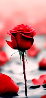 Vibrant red rose standing alone with petals on water surface.