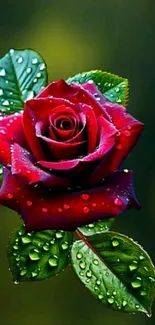 Beautiful red rose with dewdrops on lush green leaves.
