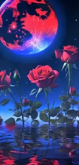 Red roses reflect in water beneath a glowing moon on a dreamy night sky.