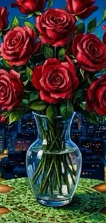 Bouquet of red roses in vase with night city view.