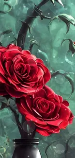 A beautiful wallpaper with vibrant red roses in a dark vase against a teal green background.