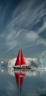 Red sailboat on calm water with icebergs under a dramatic sky.