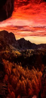 Breathtaking red sky over serene landscape with mountains.