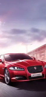 High-performance red sports car driving with dynamic motion effect.