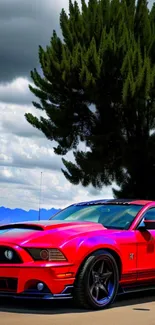 Vibrant red sports car parked under a tree with a dramatic sky background.