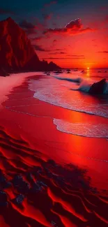 Vibrant crimson sunset over ocean waves with rocky shoreline.