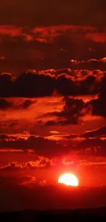 Stunning red sunset with dramatic clouds in vibrant sky.