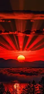 Dramatic red sunset over mountains with silhouettes of trees.