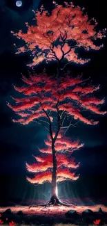 Majestic red tree under a starry night sky, creating a magical ambiance.