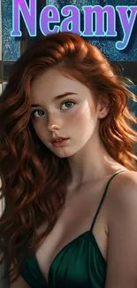 Beautiful redhead in vintage art style with dark teal background.