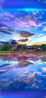 Reflective lake with vibrant blue sky and clouds.