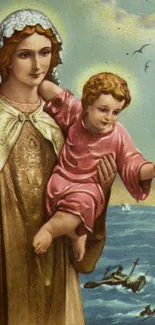 Vintage religious art showcasing serene imagery and vibrant colors.