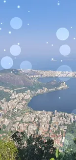 Aerial view of Rio de Janeiro's coastline and cityscape with lush greenery.