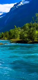 Turquoise river flowing by lush green mountains under a bright sky.